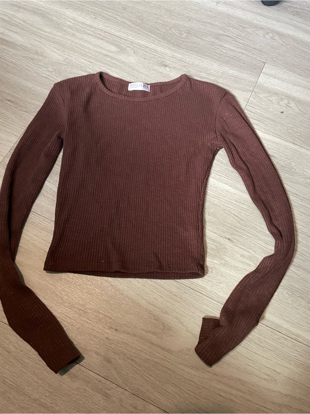 Ribbed Long-Sleeve Crewneck Top - Brown